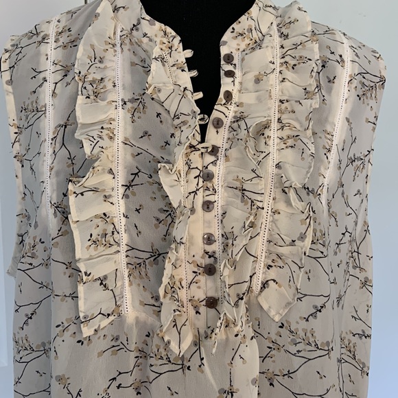 PURE ALFRED SUNG CREAM SLEEVELESS FLORAL SHELL TOP , RUFFLE DETAIL  XL - Picture 2 of 7